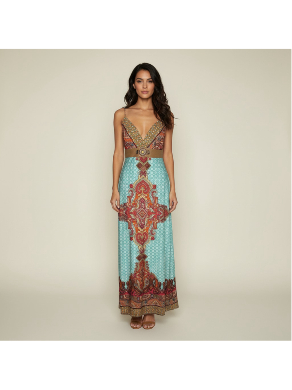 VENUS Multi Colored Floral Paisley Print Maxi Dress with Beaded Embroidery Small - Picture 2 of 13